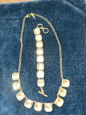 Chole & Isabel Pink Crystal Necklace & Bracelet with Antique Brass/Gold Color